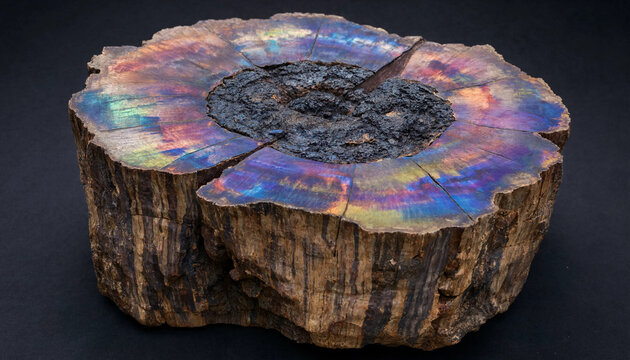 A cross section of a petrified wood log showing vibrant iridescent rainbow colors and crystalline textures on a plain black background