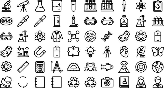 Science Laboratory Line Icons Set STEM Education Biology Chemistry Physics Medical Research Outline Vector Collection