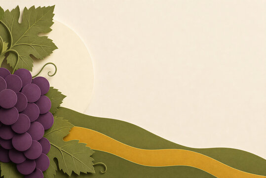 Paper cut style purple grapes with green leaves, elegant vineyard fruit background, handcrafted paper art winery border with copy space