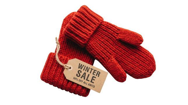 Pair of red knitted mittens with a winter sale tag isolated on transparent background