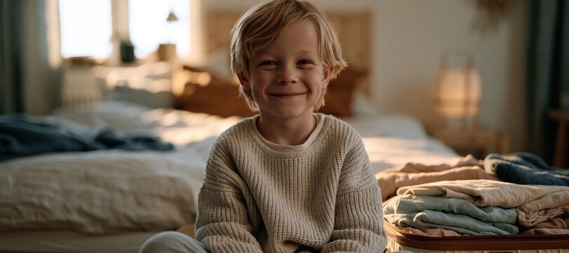 Smiling child sitting on overfilled suitcase in sunlit bedroom preparing for holiday