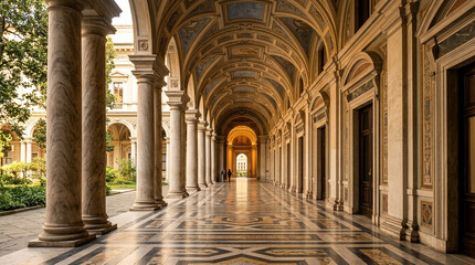 Obraz premium Grand classical loggia with marble columns, vaulted frescoed ceilings, and patterned floor in historic palace