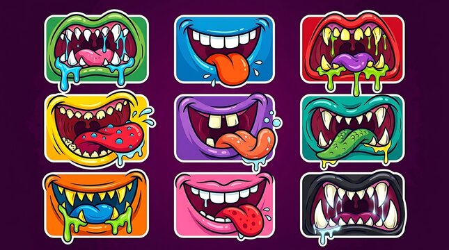Set of cartoon monster mouths with sharp teeth and tongues