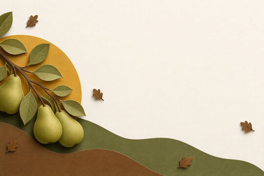 Minimalist paper cut pear branch on autumn background, elegant harvest fruit illustration, earthy tones organic nature border with copy space
