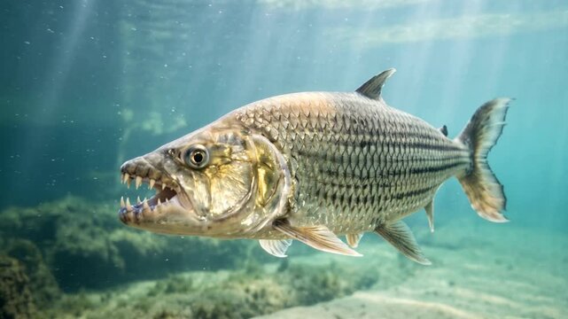 goliath tigerfish close up underwater in congo river africa morning light video