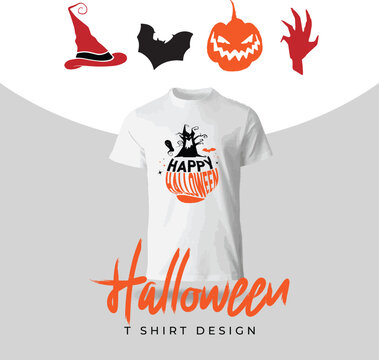 Happy Halloween typography T-shirt design with spooky pumpkin, haunted tree, and bat editable vector