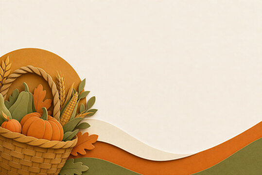Autumn harvest basket paper craft background, 3D papercut pumpkins and corn in wicker basket, fall season greeting card template with copy space