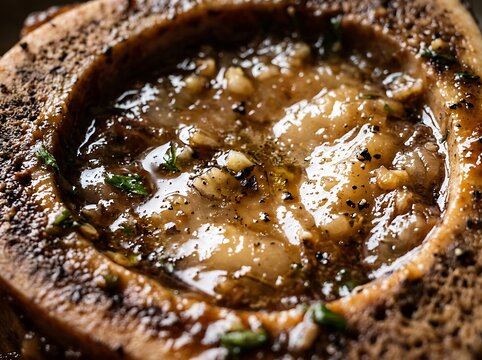 Delicious bowl of hot savory soup with meat and vegetables served in a traditional rustic clay pot. veal osso bucco