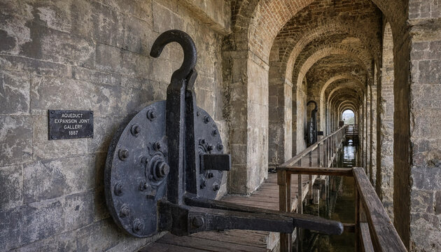 A large black iron pulley mechanism mounted on a stone wall inside an old aqueduct expansion joint gallery with arched stone corridors visible