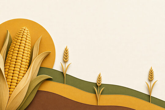 Paper cut style corn and wheat harvest background, handcrafted agriculture landscape with maize and cereal stalks, autumn farm field papercraft art