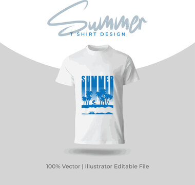 Summer beach typography T-shirt design with palm trees and tropical landscape editable vector