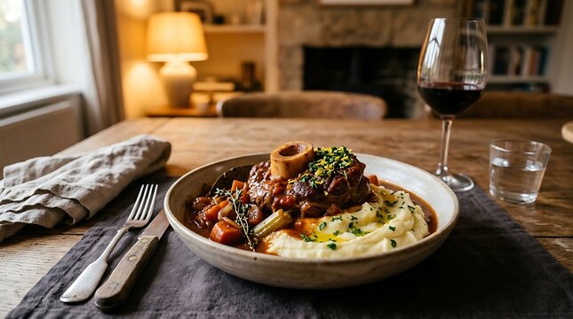 Delicious braised beef short ribs served with creamy mashed potatoes on a rustic wooden dining table. veal osso bucco