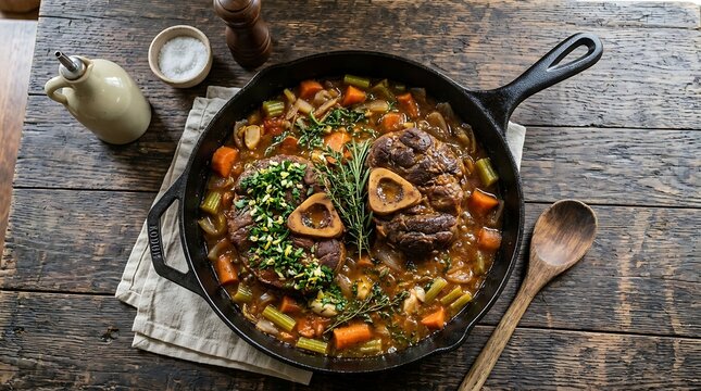 Delicious beef osso buco stew with fresh herbs and vegetables served in a heavy black cast iron skillet. veal osso bucco