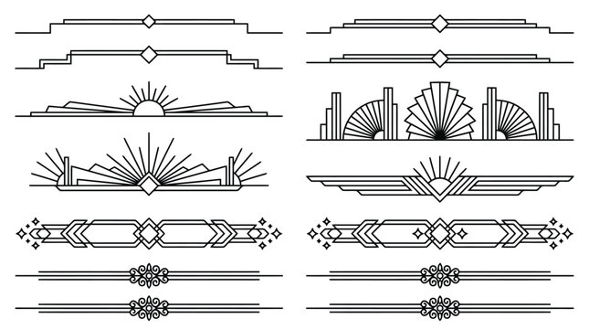 Art Deco dividers and geometric borders set, vintage 1920s style decorative line elements, black linear sunburst and fan ornaments for luxury branding