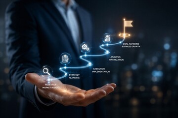Obraz premium Business leader presenting digital strategy growth roadmap with holographic
