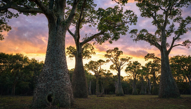 A grove of large bottle trees silhouetted against a colorful sunset sky with purple and orange clouds in a natural outdoor landscape