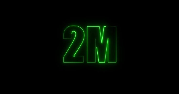 Glowing neon 2M text animation. Social media views followers and subscribers celebration video on black background. 2M neon text effect motion congratulations 
