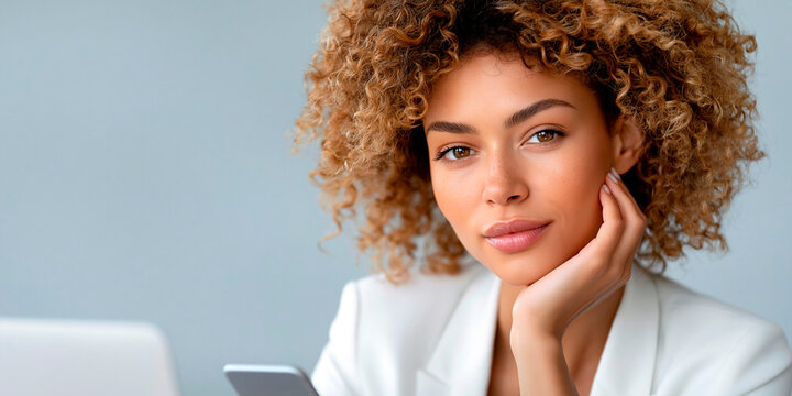 Confident woman with curly blonde hair in white blazer sitting at desk with laptop and smartphone, professional portrait expressing business and modern lifestyle