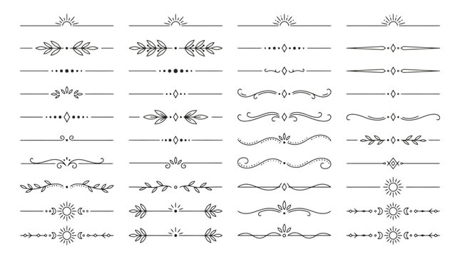 Vintage decorative dividers and ornamental borders, collection of 40 elegant line art flourishes, floral vector separators for wedding invitations