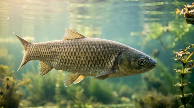 grass carp underwater close up in yangtze river china morning light video