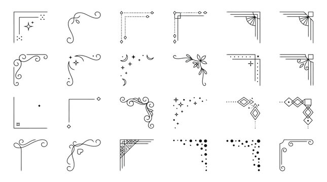 Vintage decorative corner borders, set of 24 elegant line art frames, ornamental flourish dividers for wedding invitations and certificate design