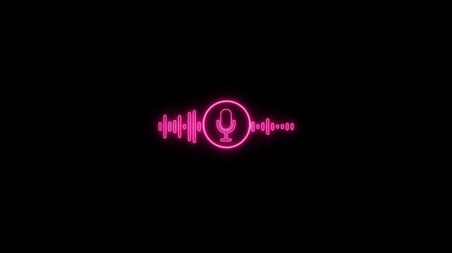 Glowing neon voice recording microphone button icon animation. Audio microphone icon animation in black background. 4k video.