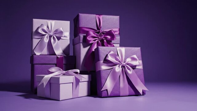 Luxurious stack of violet gift boxes with satin bows on violet background for celebration or special occasion.