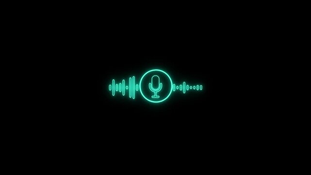 Glowing neon voice recording microphone button icon animation. Audio microphone icon animation in black background. 4k video.