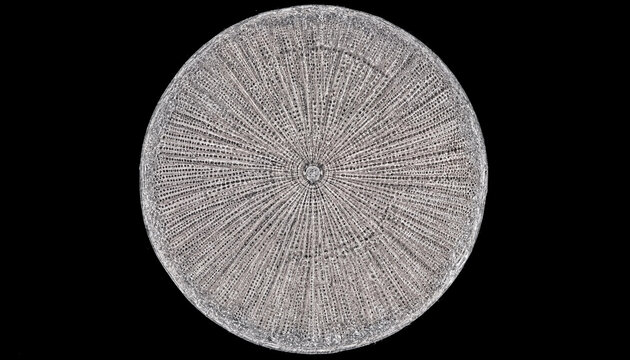 A microscopic view of a circular diatom shell with intricate radial patterns and fine pores isolated on a solid black background, for science