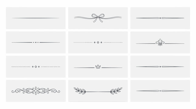 Elegant vintage decorative dividers set, 12 minimalist black line ornaments for wedding invitations, classic calligraphic text separators and border elements