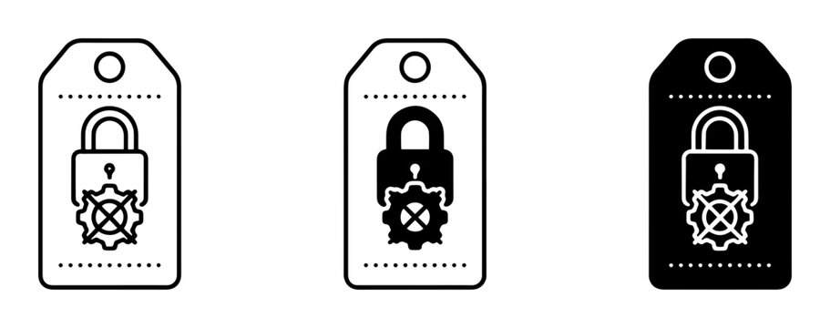 3 Security tag icons with lock and gear, outline and solid styles, UI and web interface design