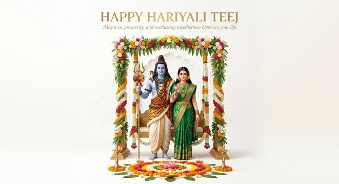 Hindu deities lord shiva and goddess parvati standing together under a floral decorated swing, hariyali teej festival greeting card with marigold flower rangoli on a white background