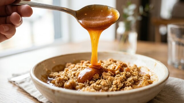 Drizzling Sweet Syrup over Delicious Breakfast Oatmeal Bowl