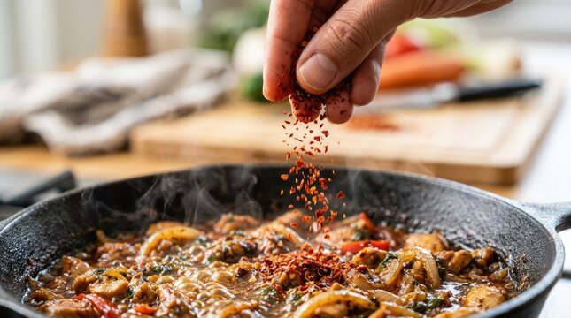 Hand Sprinkling Spices Over Delicious Cooking Dish in Skillet