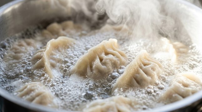 Steam Rising from Boiling Dumplings in a Silver Pot