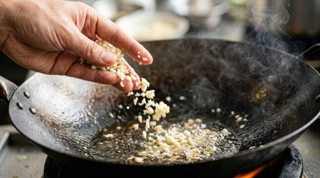 Hand Sprinkling Chopped Garlic into Hot Wok for Cooking Process