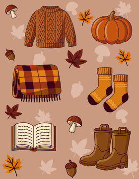 Herbstmuster mit Pullover, K&uuml;rbis, Schal und Stiefeln