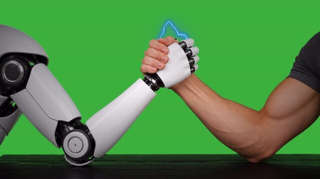 Robot and man arm wrestle green screen