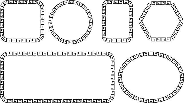 Set of abstract geometric Greek key pattern borders and frames in circle square rectangle hexagon oval shapes for decorative design