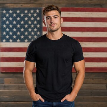 Man wearing a plain black t-shirt poses in front of an American flag for a patriotic apparel mockup.
