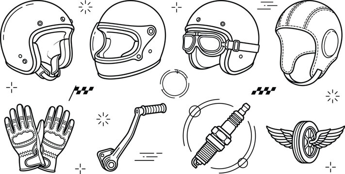 Motorcycle helmet icons set with vintage biker gloves spark plug kickstarter winged wheel and retro chopper gear elements