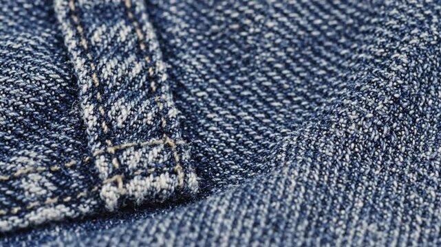 Close-up macro detail of blue denim fabric with visible texture and stitched seams showing jeans material
