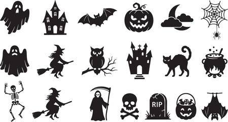 Fototapeta premium Spooky halloween icons collection ghosts witches bats pumpkins more for festive decorations and designs