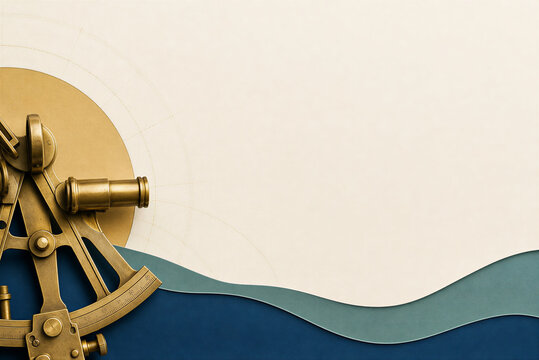 Vintage brass sextant on blue paper waves, nautical navigation instrument background, maritime exploration concept with copy space