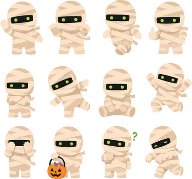 Cute mummy character mascot collection featuring twelve playful poses and emotions.