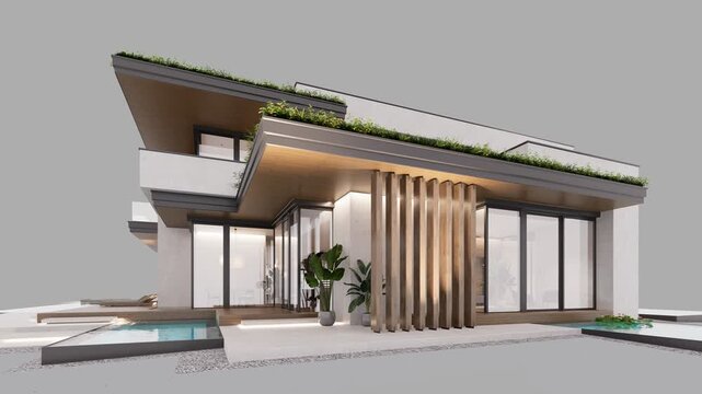 4K video rendering of two-story house with parking and pool for sale or rent with concrete facade. In the evening. Isolated on gray