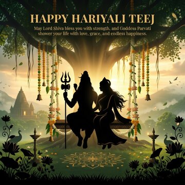 Silhouette of lord shiva and goddess parvati sitting on a floral swing under a large banyan tree, with a temple in the background, and traditional oil, lamps in the, foreground during hariyali teej