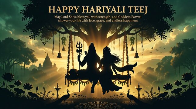 Silhouette of lord shiva and goddess parvati sitting on a floral swing under a large tree, hariyali teej festival with golden sunset background, temple silhouettes, and peacocks