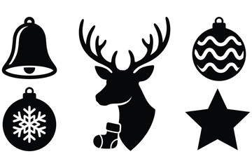 Christmas holiday icons set with reindeer head bell star snowflake ornaments christmas reindeer ornament snowflake silhouette seasonal decorations isolated minimalist traditional greeting © Romzain