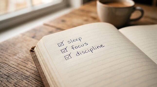A notebook page featuring a handwritten checklist prioritizing sleep focus and discipline for personal development and daily self improvement goals
